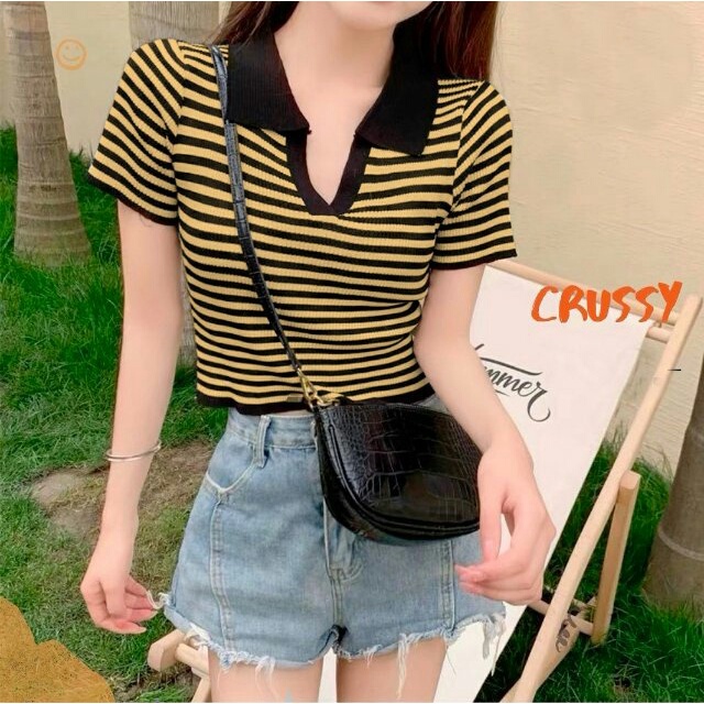 Baju Crop Urie - Baju Motif Garis Wanita Terbaru - Crop Top Perempuan - Pakaian Wanita