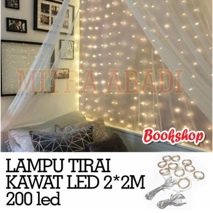 Lampu Natal LED Tirai Kawat LED 200 LED 2M x 2M + Kabel USB