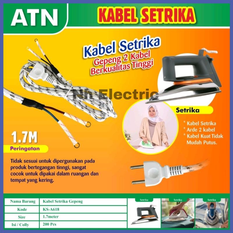 Kabel Strika Gepeng Isi 2 Atn - Kabel Gosokan 2 Jalur Atn - Kabel Setrika Auto Iron Wire 1,7M Atn