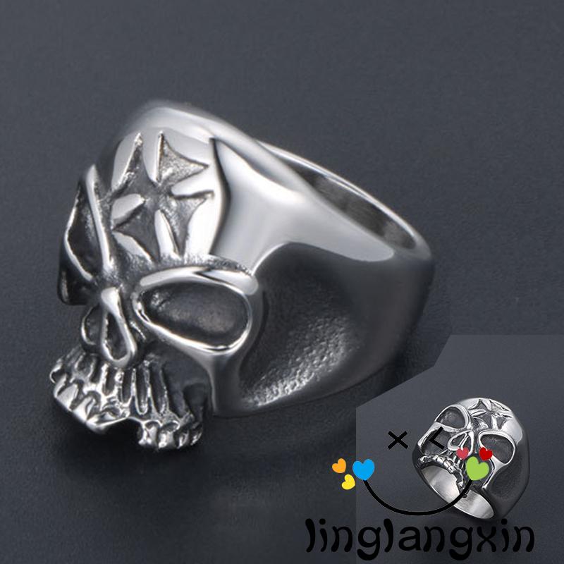 Llx-cincin Titanium Steel Desain Tengkorak Hollow Gaya Punk Vintage Untuk Unisex