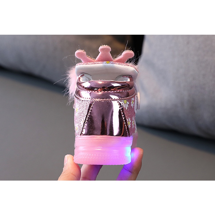 CG LED16-Sepatu Lampu LED Anak Perempuan Fur Crown