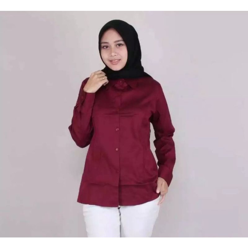 Kemeja wanita Putih Baju Kemeja Wanita Casual Hem Polos Cewek Kerja Kantoran Kuliah Kekinian Terbaru-Maroon