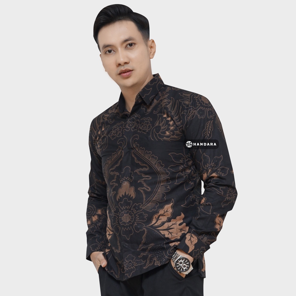 Baju Kemeja Batik Pria Lengan Panjang Slim Fit Premium Modern Full Furing Katun Halus Original Handara Motif Bhremasta Hitam Sogan HB-108