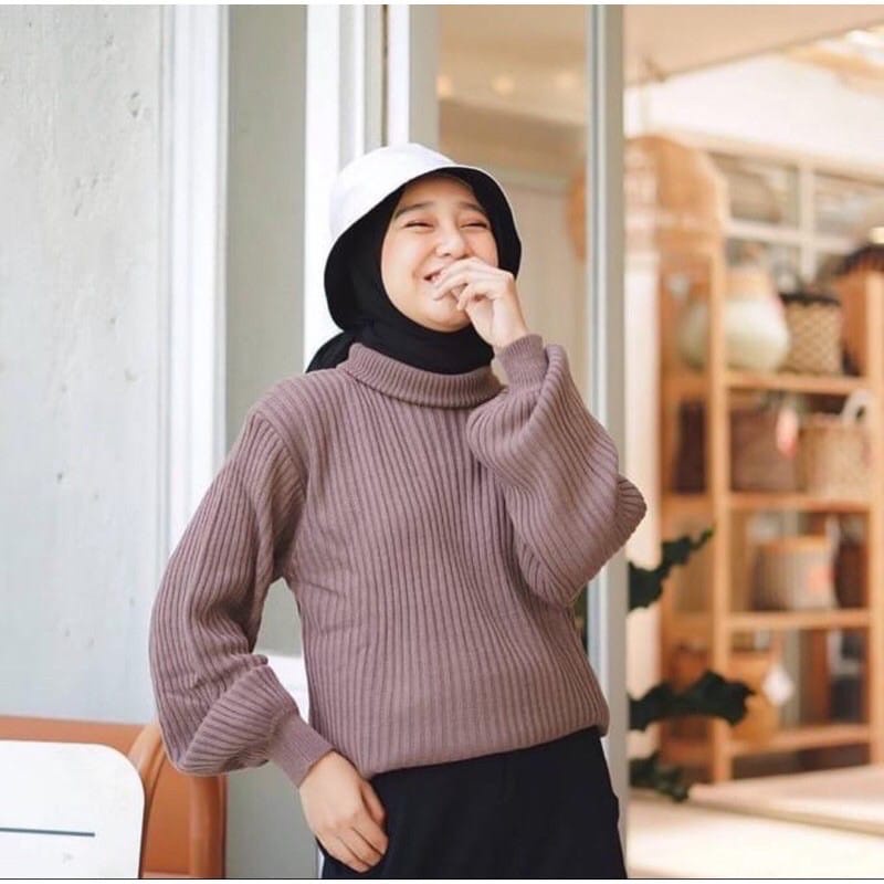 sweater rajut bayoneta turtleneck/lengan balon kerah tinggi