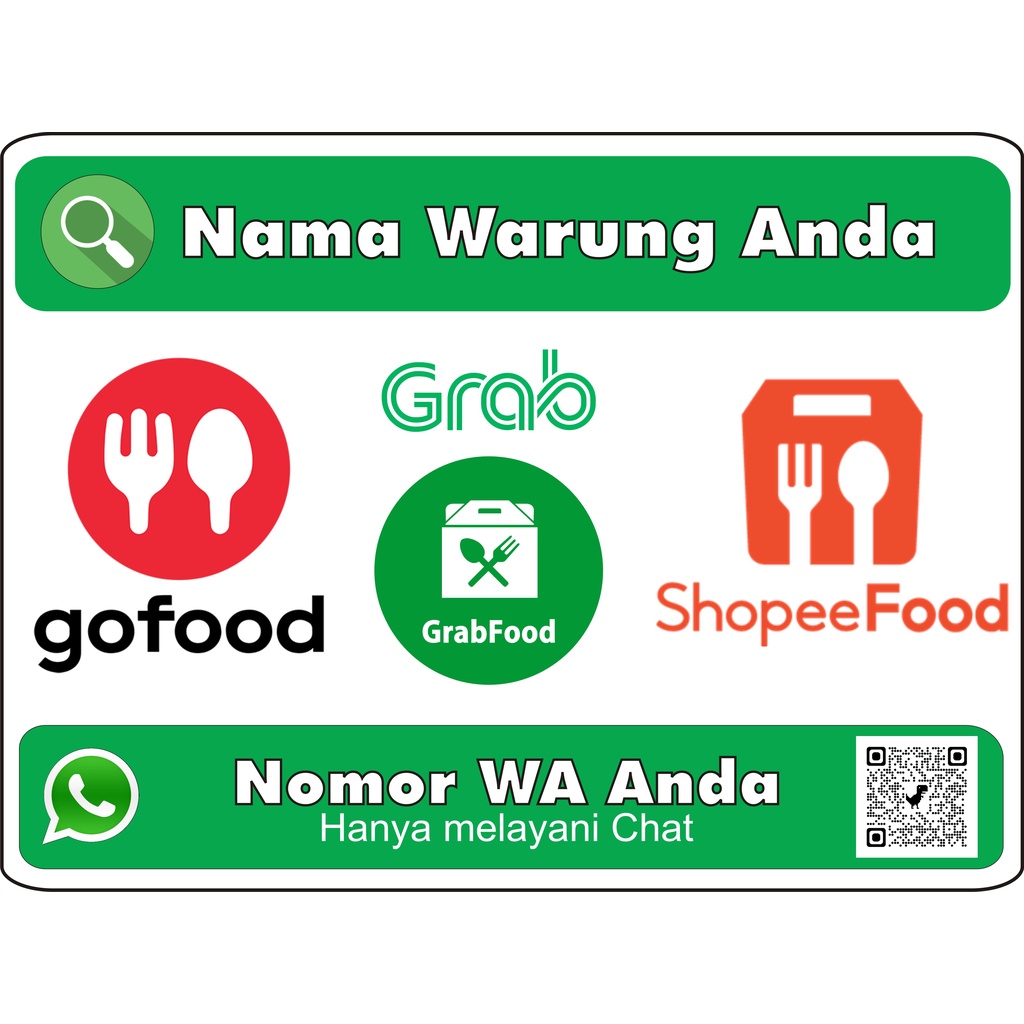 

STIKER, LABEL FOOD ONLINE CUSTOM NAMA WARUNG DAN NOMOR HP ANDA + LINK TOKO + BARCODE