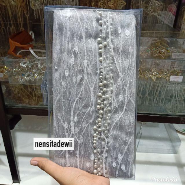 KERUDUNG PENGANTIN / VEIL MUTIARA MOTIF AKAR / VEIL MUTIARA POLOS / VEIL PENGANTIN-Abu-abu (Akar)