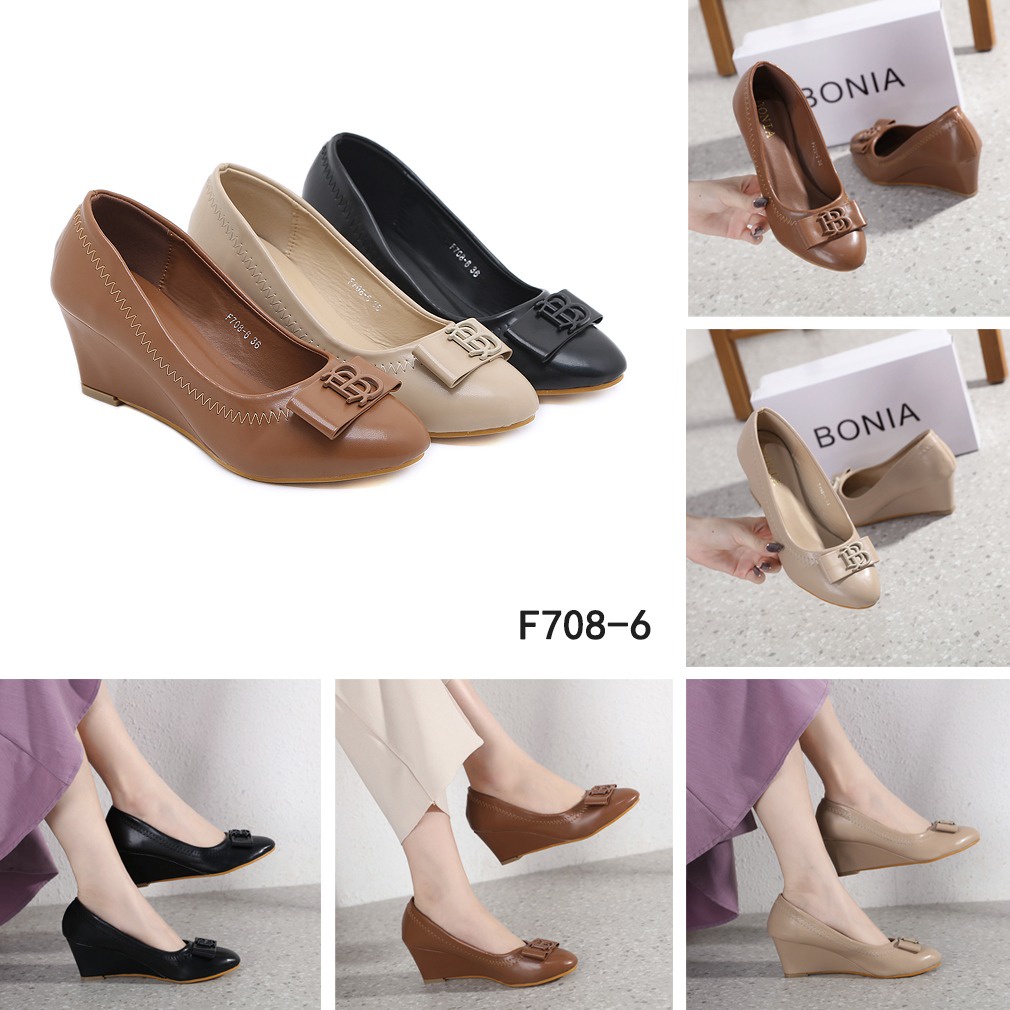 BONIA Leather Logo Bow Wedges Shoes B708-6