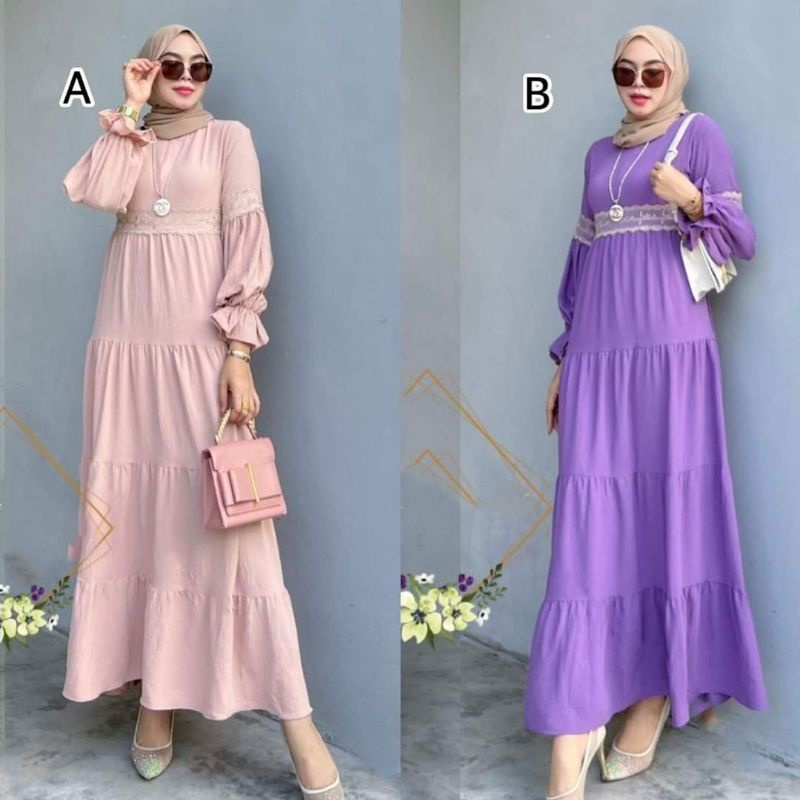 READY STOCK SIAP KIRIM MIDI DRESS KRINGKLE CANTIK ANGGUN SIMPLE/DHEAAFIECCENA/MIDI DRESS RENDA UNGU/