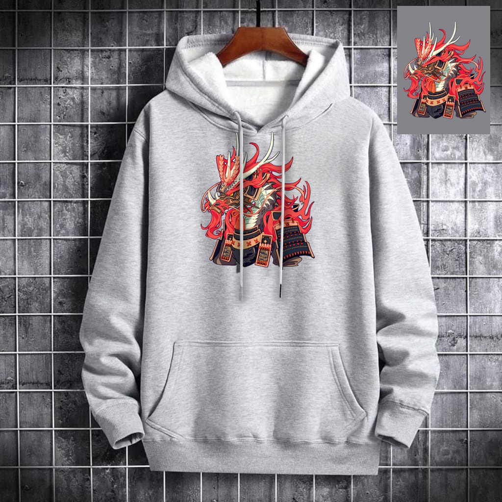 INDOSAN-SWEATER HOODIE DRAGON SAMURAI-HOODIE DISTRO BAHAN FLEECE MOTIF GAMBAR DTF PRINTING-REAL PICT-BISA COD