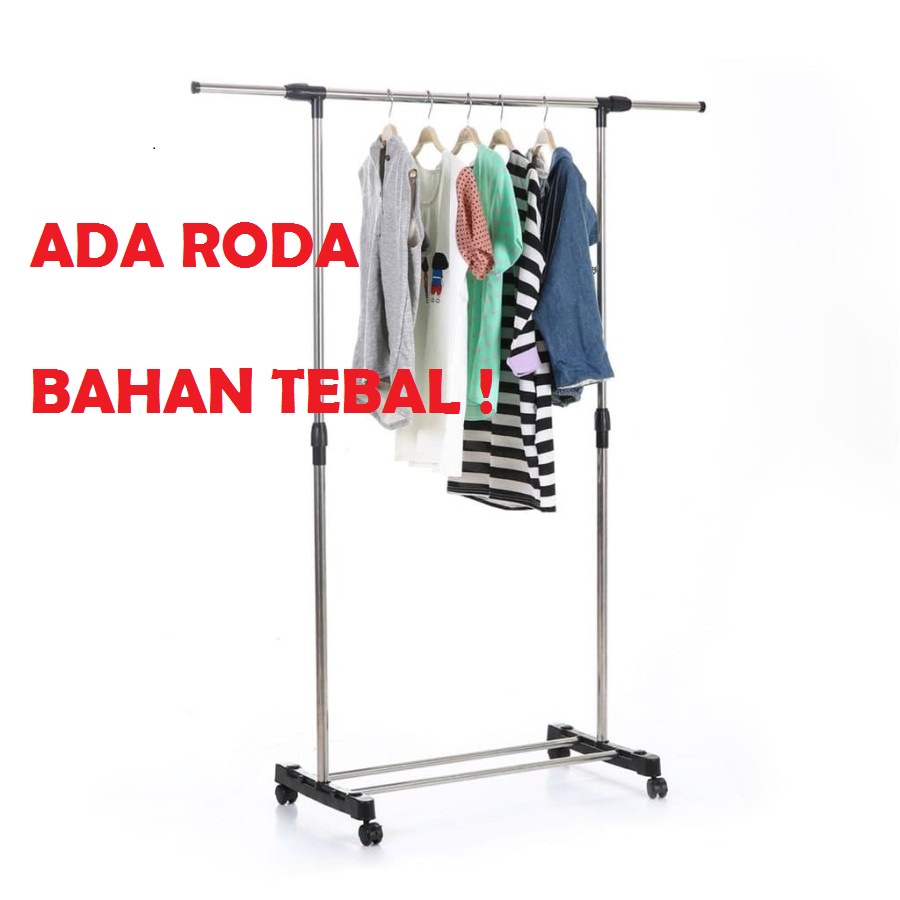 Bahan Tebal !!  BERODA Rak jemuran Single RODA multifungsi - Gantungan Baju Pakaian stainles