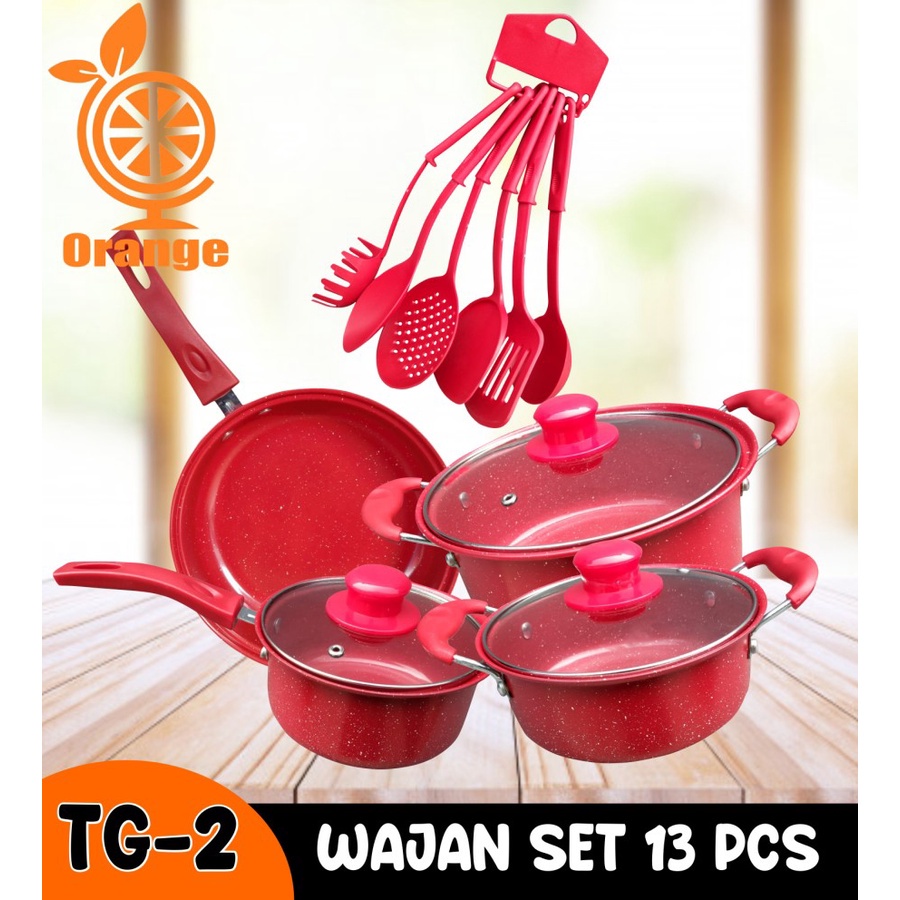 Panci Set Teflon Marble 13 pcs Cookware Set Tutup Kaca merk orange