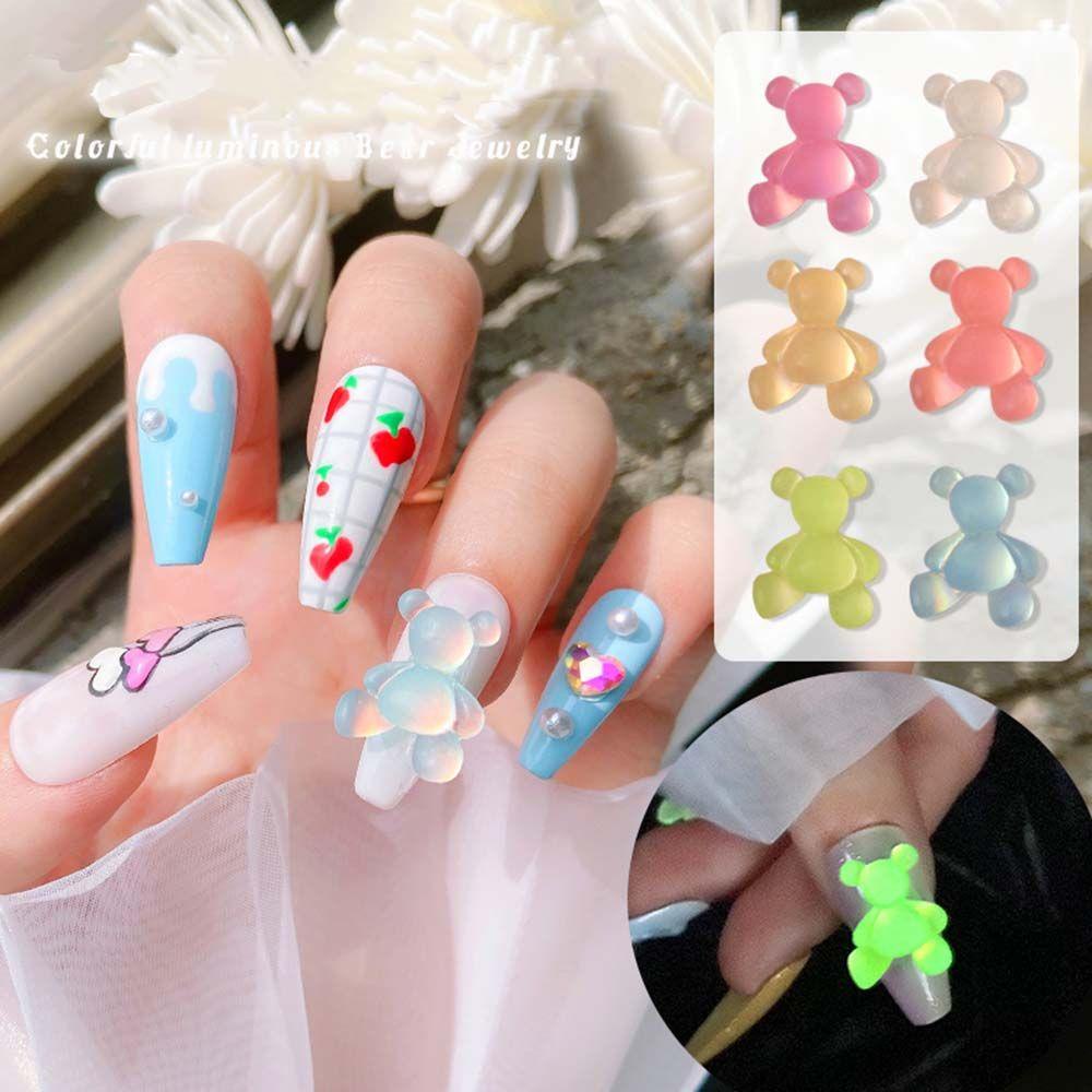 MXBEAUTY Beruang Dekorasi Kuku 3D Lucu DIY Manicure Resin Luminous Nail Charms