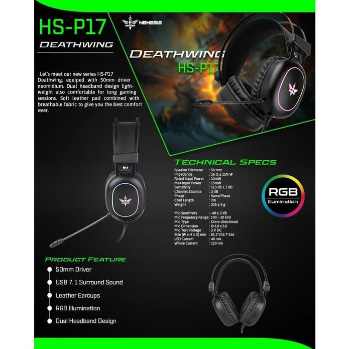 HEADSET GAMING NYK 7.1 RGB P-17 DEATHWING