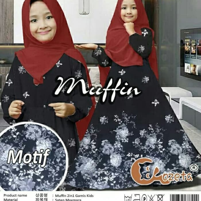 baju stelan anak muffin hitam+bergo baju muslim gamis dres anak