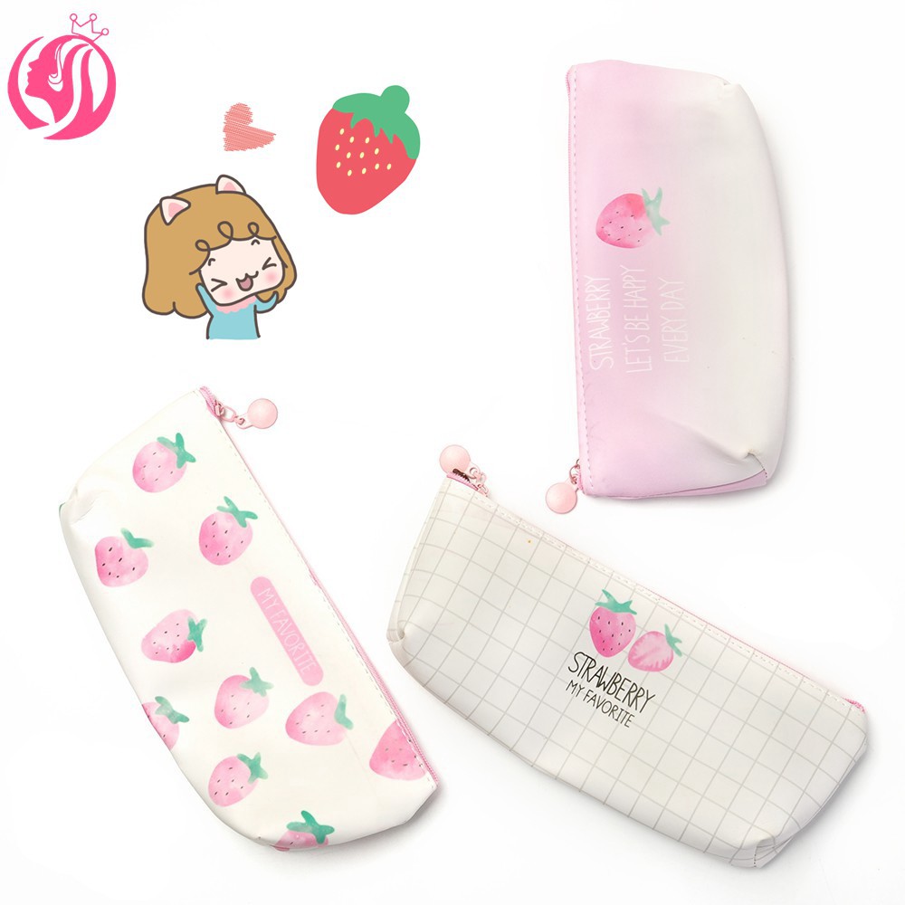 

ALAT TULIS CUTIE Korea style cartoon kawaii PU starwberrys zipper pencil pen bag case storage