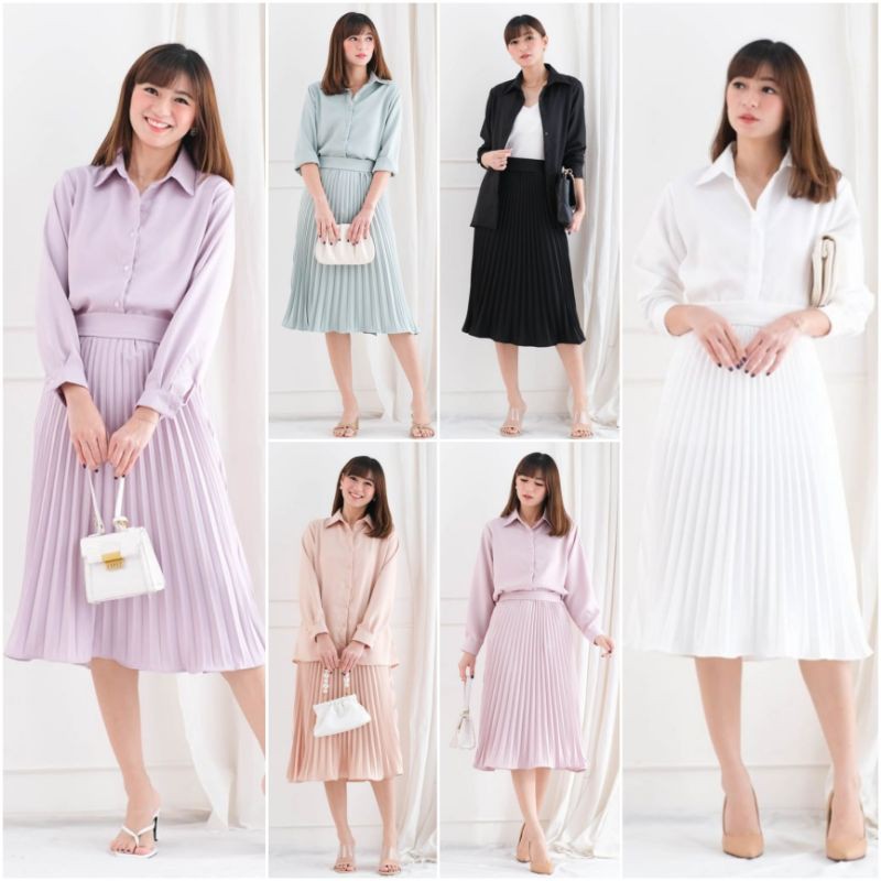 ❣️SPECIAL PRICE ♡ PREMIUM ♡ ORIGINAL ! SAPHIRE 2 IN 1 SET LONG SLEEVE SHIRT +  PLISKET PLEATED MIDI atau MAXI FLARE SKIRT / SETELAN KEMEJA LENGAN PANJANG &amp; ROK PLISKET RAMPLE ( HIJAB &amp; BUSUI FRIENDLY )