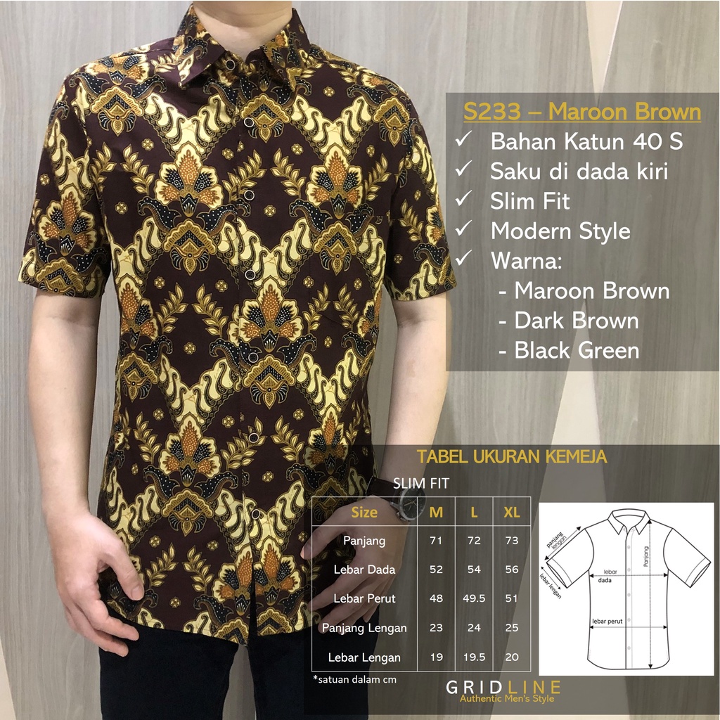 [GRIDLINE - S233] Kemeja Batik Pria Katun Lengan Pendek Slimfit Keren Modern Nyaman Adem Tebal