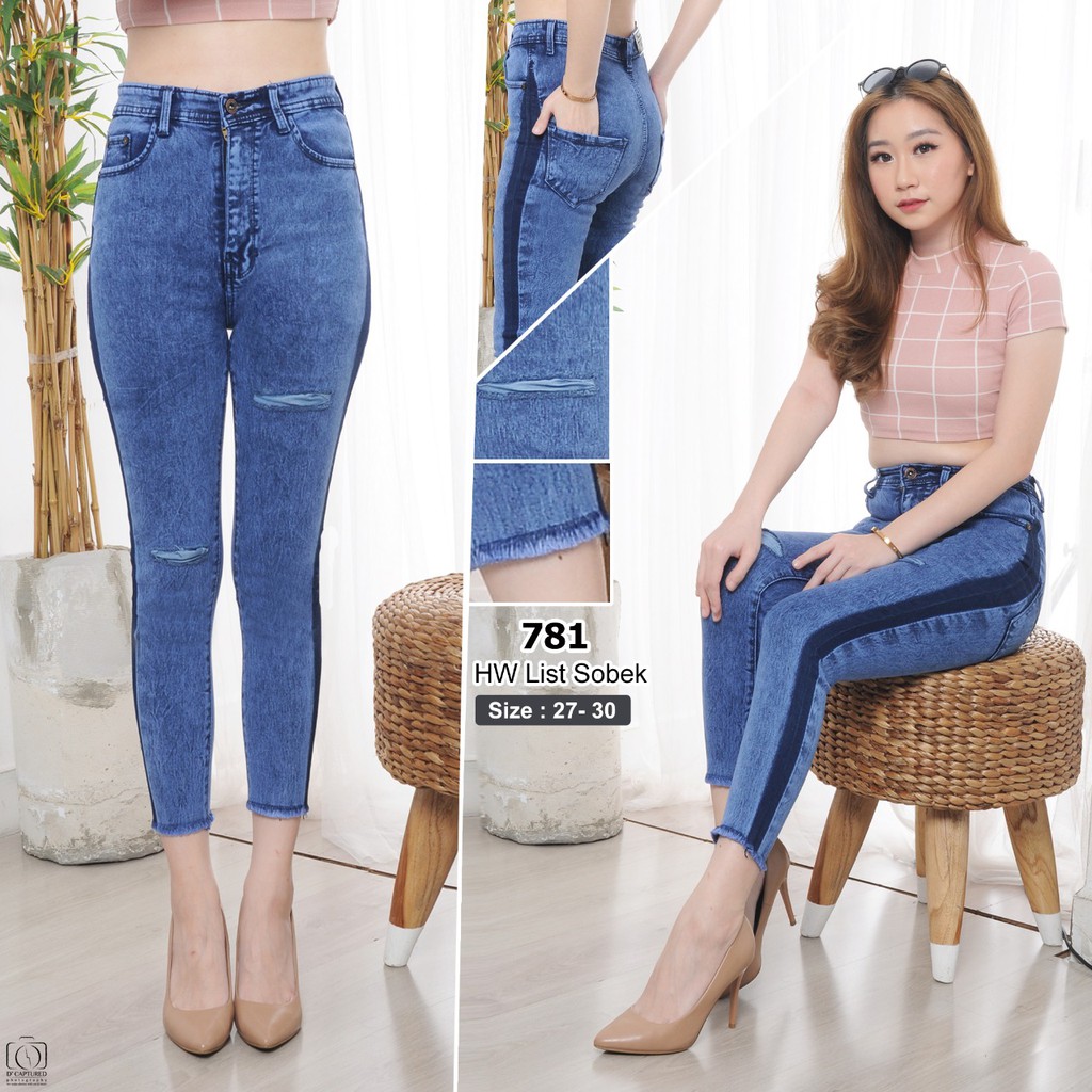 ( Bisa COD ) MC girl - Celana Jeans Premium Highwaist List Sobek 7/9 / Celana Pinggang Tinggi Ripped