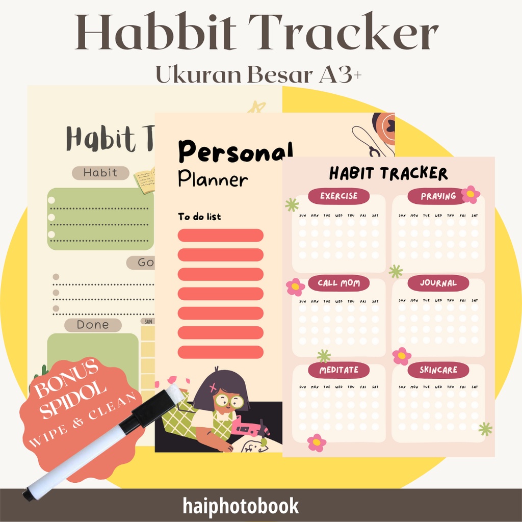 

Daily monthly planner habit tracker size A3 (Free 1pcs spidol wipe&clean)