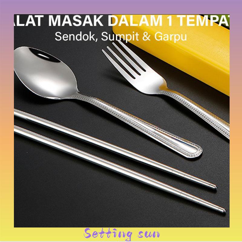 4PCS/ set Alat Makan Travel Korea Sumpit Portable Sendok Garpu Sumpit Stainless Steel 410 Include Kotak TN