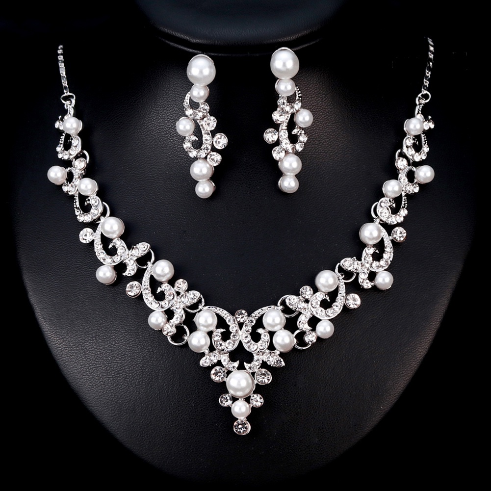 OW@ Fashion Alloy Rhinestone Faux Pearl Necklace Earrings Women Bride Jewelry Set