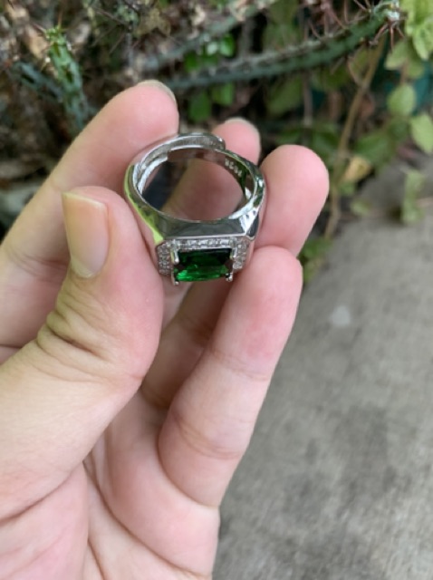 Cincin Perak Pria Sterling Silver 925 Batu Green Zamrud Emerald Cubic Zirconia Ukuran Resize