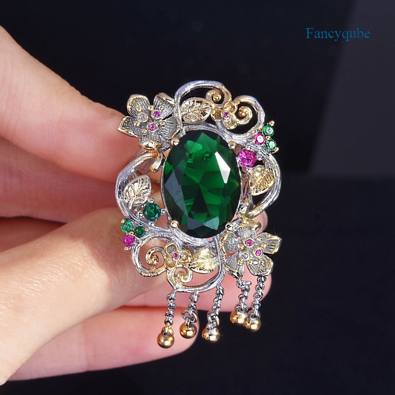 Fancyqube Classic Flower Adjustable Rings Inlay Green Oval AAA Cubic Zirconia Vintage Tassels Geometry Women Wedding Engagement Jewelry