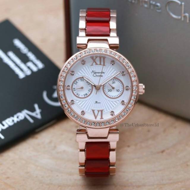 Jam Tangan Alexandre Christie AC 2514 BF Tali Rantai Rose kombinasi Seramik Merah Wanita Original