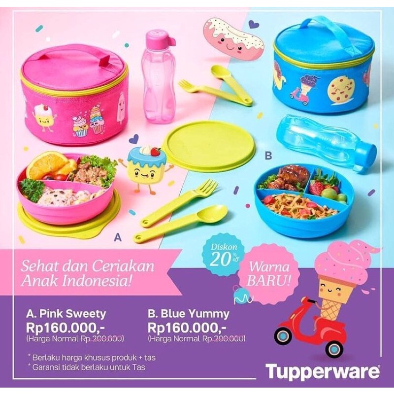 PINK SWEETY dan BLUE YUMMY / Tempat Bekal / Alat Makan / Botol Minum / TUPPERWARE
