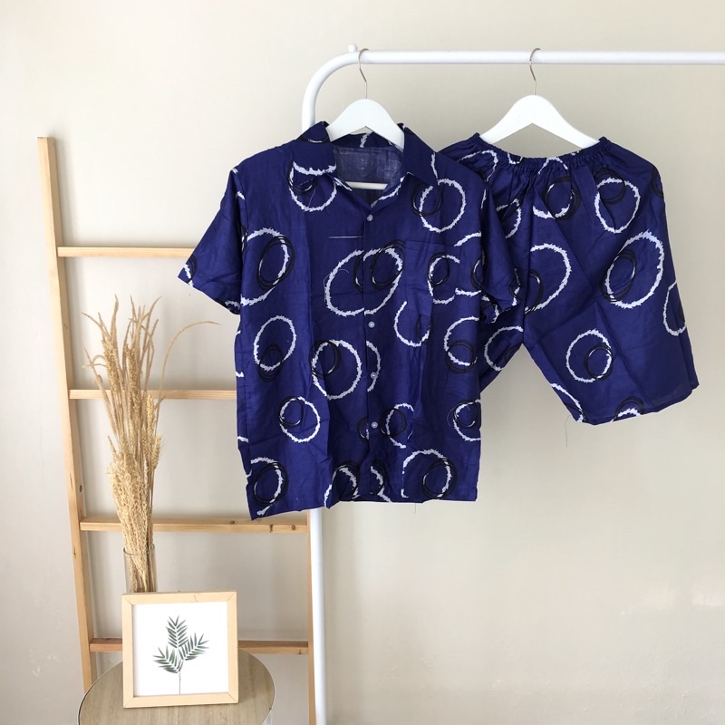 hirafa - One Set Setelan Atas Bawah Full Kancing / Baju Santai Tie Dye / Baju Wanita Pria-Double Ring - Navy