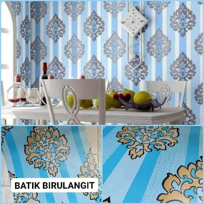 wallpaper dinding motif batik biru langit