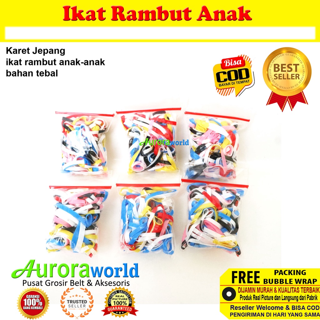 AURORAWORLD Karet ikat rambut karet jepang karet kepang karet kuncir warna warni  ikat rambut elastis kualitas terbaik, bahan tebal isi 100++