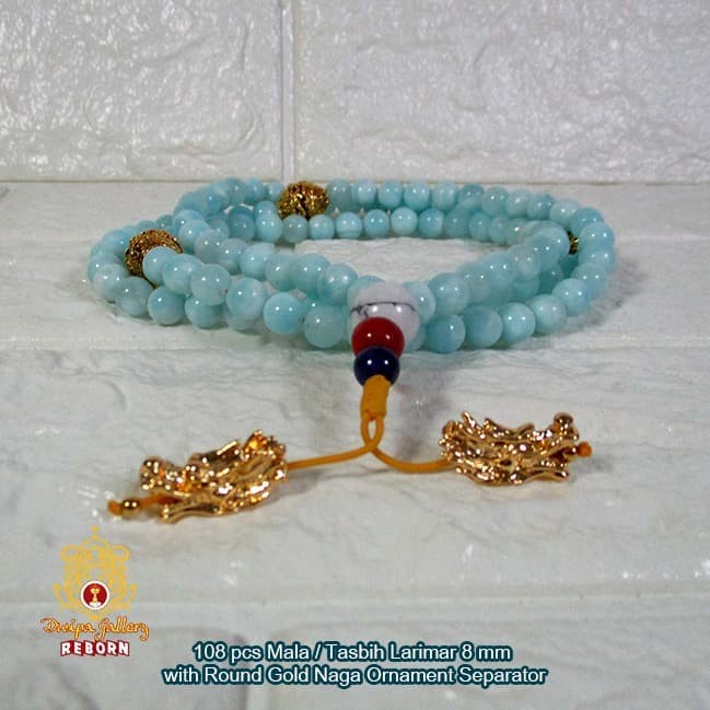 108 pcs Mala / Tasbih Larimar Biru 8 mm with Round Gold Naga Ornament