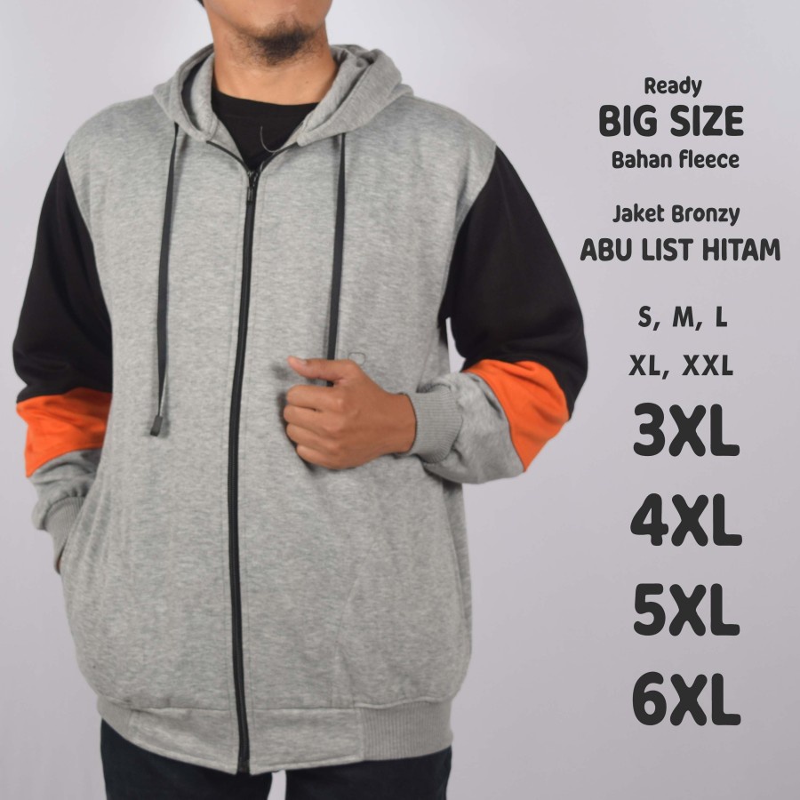 Jaket Zipper Abu Lengan Kombinasi Hitam Orange Abu Big Size Jumbo