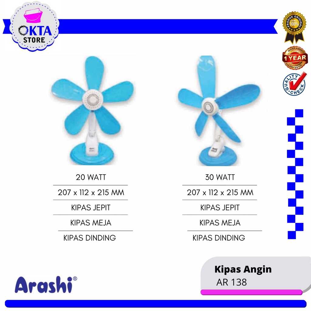 Arashi Kipas Jepit Clip Fan AR 138 5 Baling 20 watt 30 watt