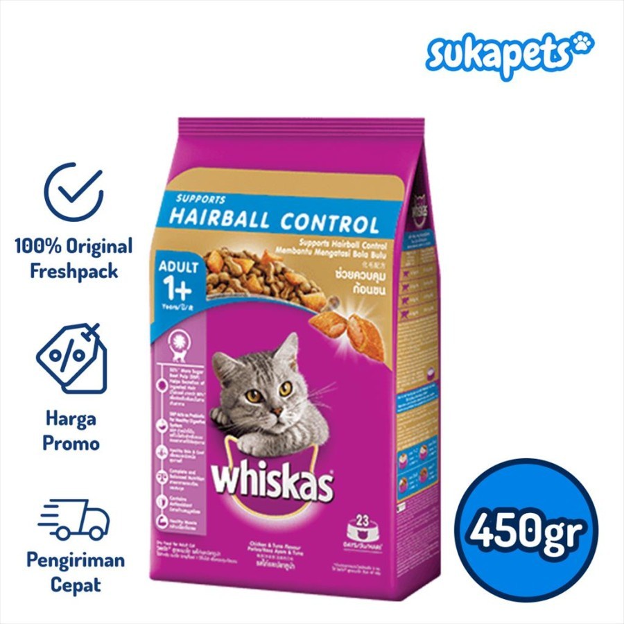 Whiskas Adult Cat Hairball Control Makanan Kucing Kering 450gr