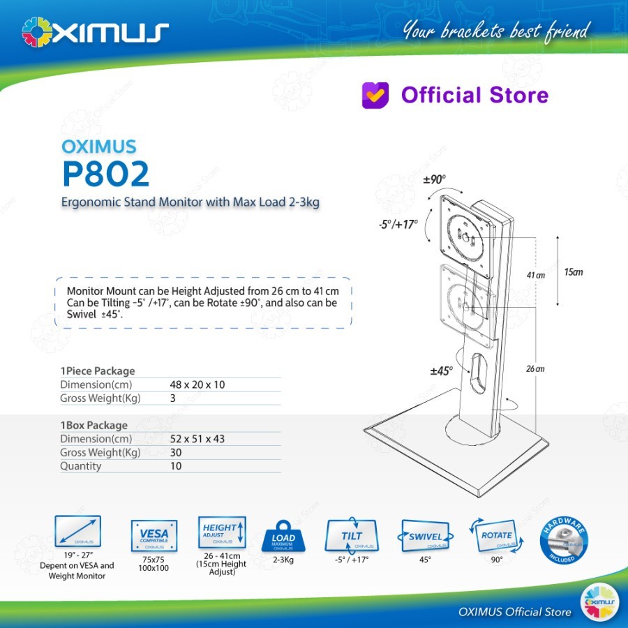 Ergonomic Monitor Stand OXIMUS P802 Monitor LED LCD 19-27 Inch