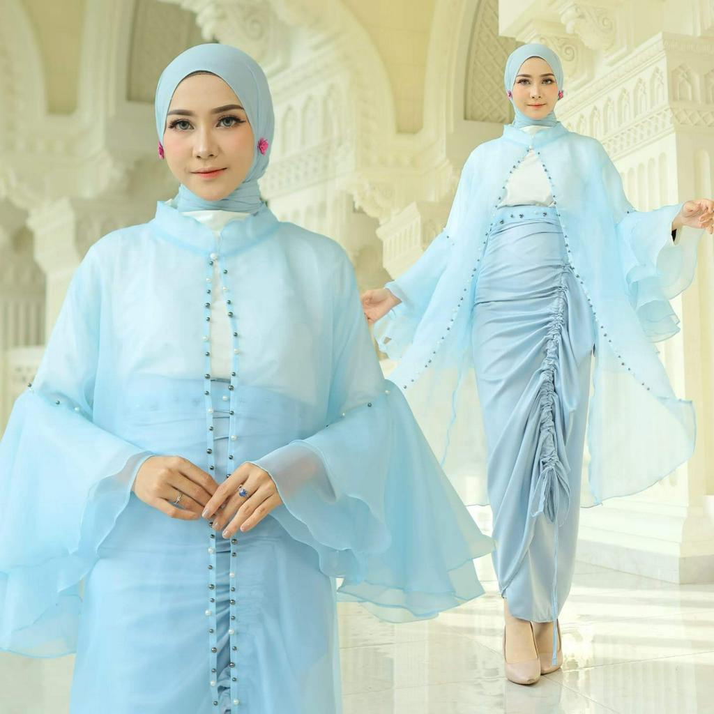 ELDE 77 - Set Rok Lilit + Cardi Belle Matt Cardi Full Organza Import Aplikasi Mote Tembak, Rok Lilit Serut Roberto Cavali ORI, Onesize Fit To XL ( NO INNER, NO JILBAB )