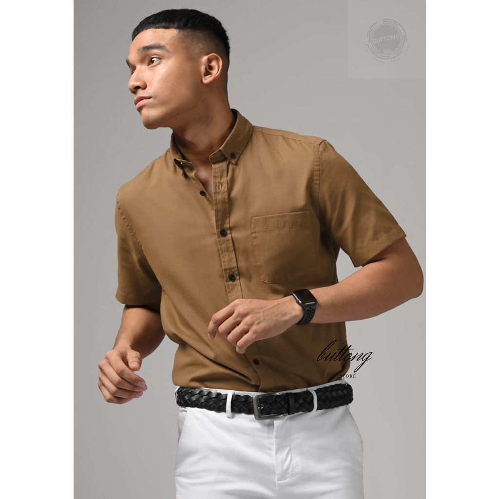 kemeja polos pria lengan pendek cowok casual kantoran laki laki coklat mocca cream