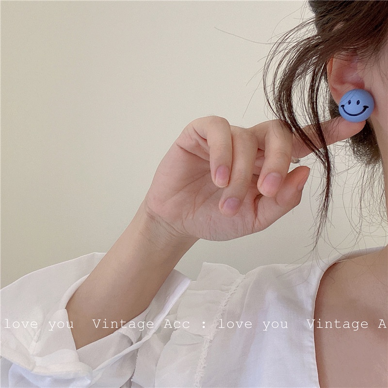 Anting Stud Geometris Desain Smiley Warna Macaron Gaya Korea Untuk Wanita