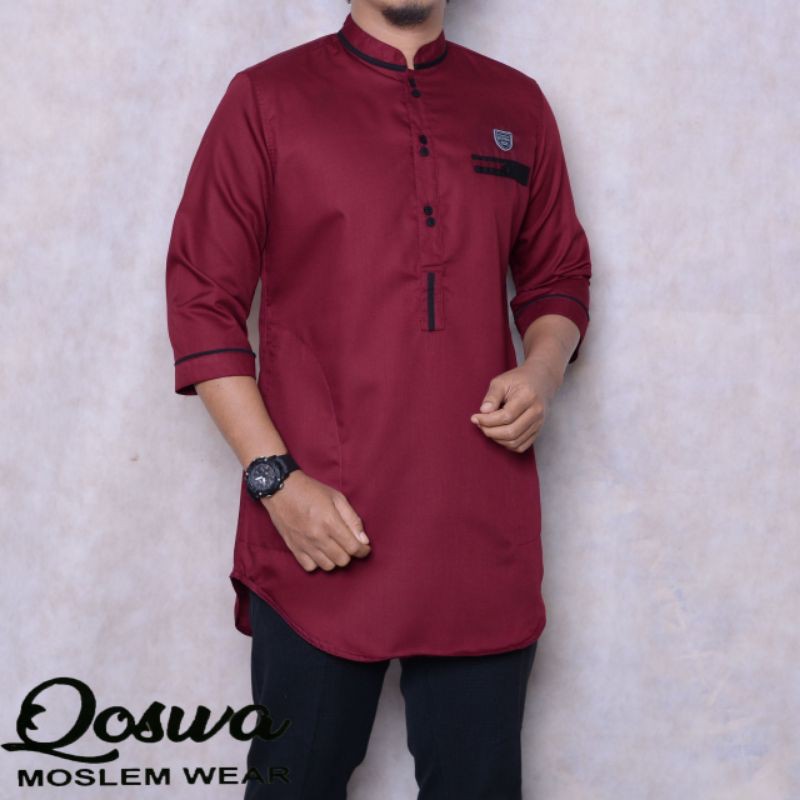 SPECIAL PROMO Baju Muslim Pria Dewasa Kurta Pakistan Koko Murah Original Qoswa NEW Best Seller-Maroon