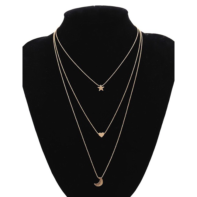 LRC Kalung Fashion Golden Love Five-pointed Star Moon Alloy Multi-layer Necklace K48334