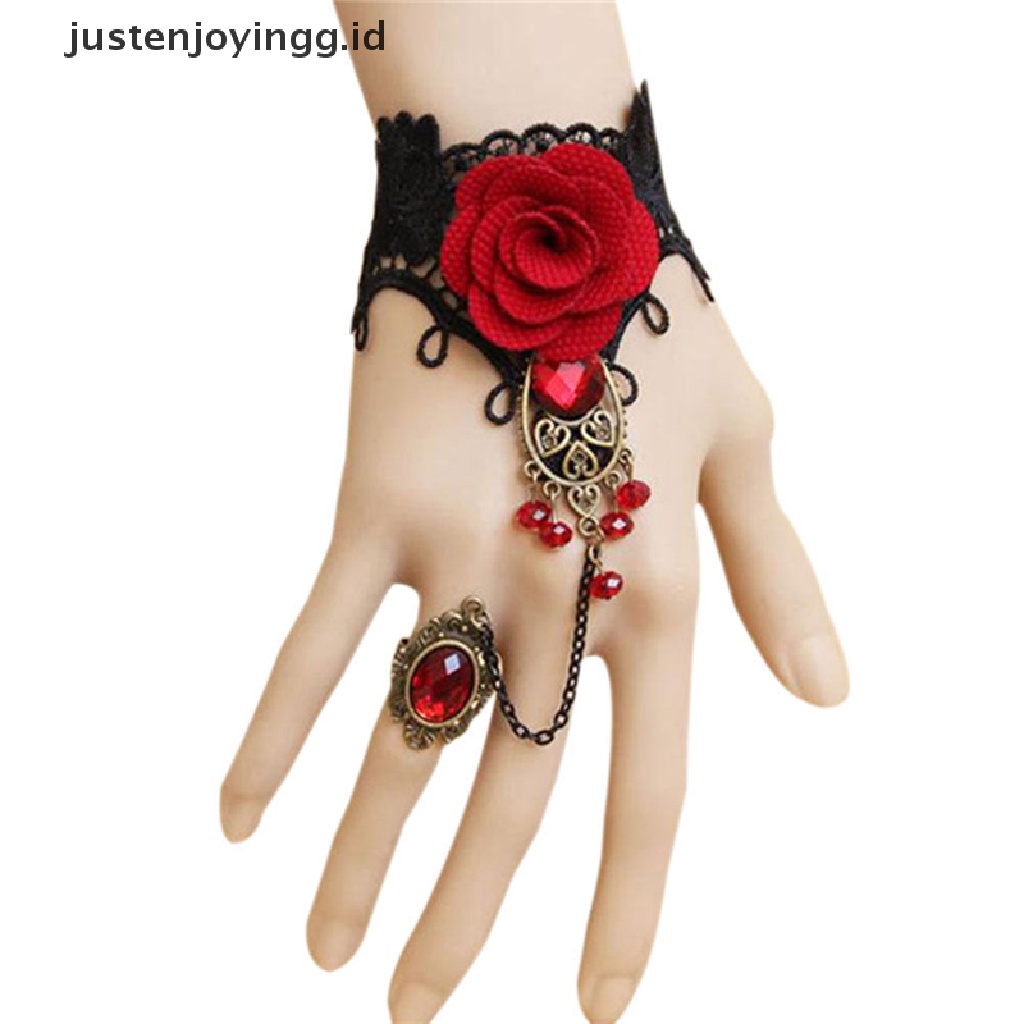 Gelang Tangan Adjustable Bahan Lace Motif Bunga Mawar Merah Gaya Gothic