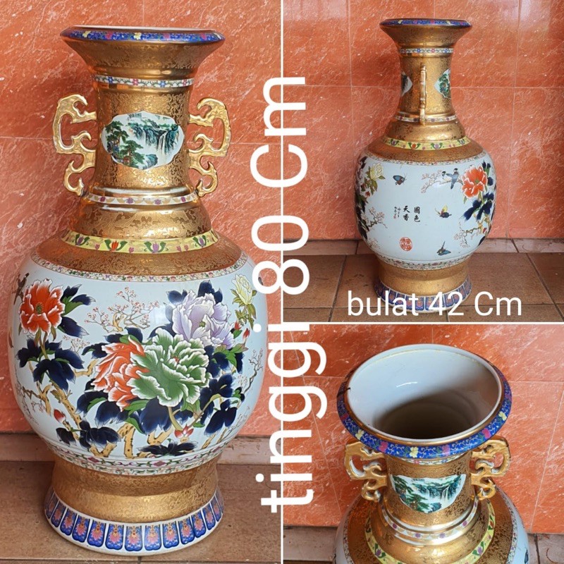 GUCI KERAMIK GUCI ANTIK IMPORT BAGUS MURAH PUTIH MOTIF EMAS BUNGA