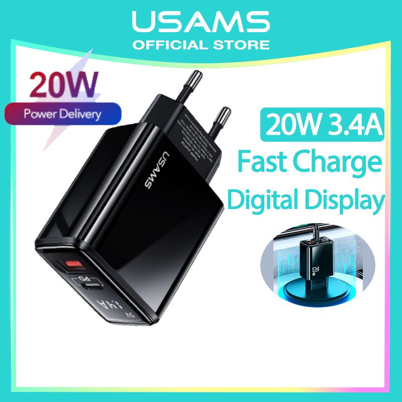 USAMS T40 Charger Fast Charge Digital Display PD20W + QC3.0