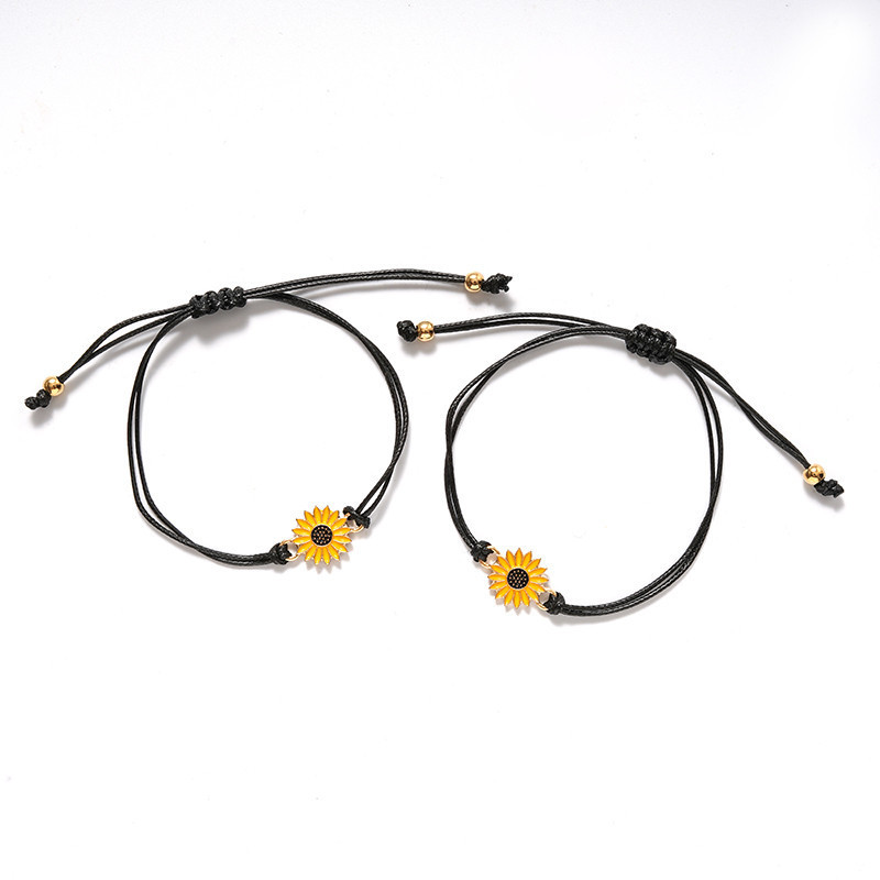 2 Pcs Korean Fashion Gelang Tali Ersahabatan Anyaman Krisan Bunga Matahari Fashion Wanita Korea Pria Couple Bracelet Daisy Hitam C3-Sunflower
