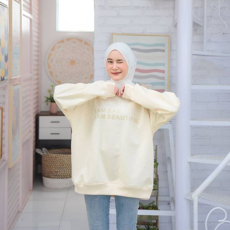 sweater wanita I Am BAD XXL Sweater oversize terbaru keren elegan trend 2021/sweater wanita bahan fleece soft