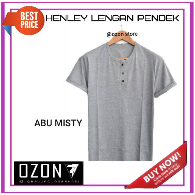 Kaos Henley Baju Kancing Polos Warna Abu Muda Misty