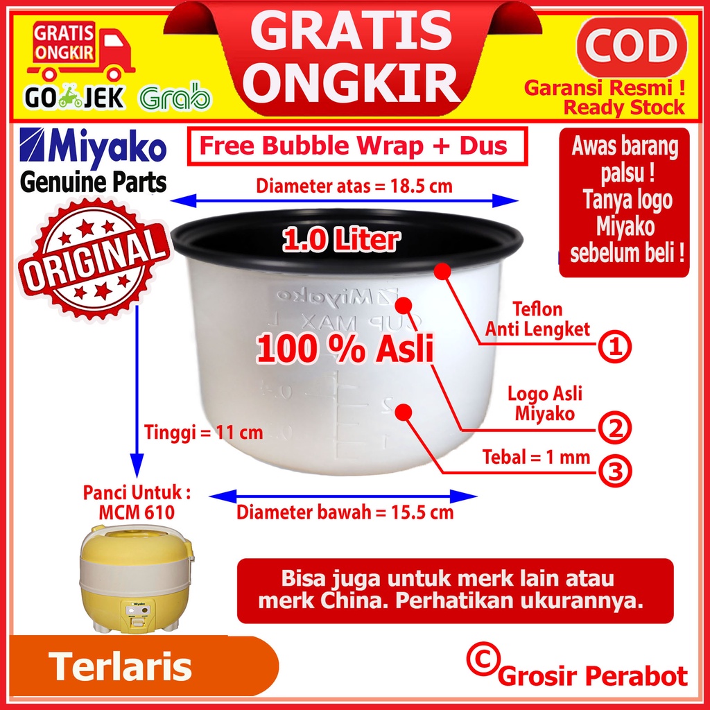 Panci Magic Com Miyako 1.0 L MCM 610 Panci Rice Cooker Miyako 0.6 L Panci Magiccom Megicom Miyako 1.0 Liter Anti Lengket Original  Panci Teflon Daleman Miyako 1.0 L MCM 610