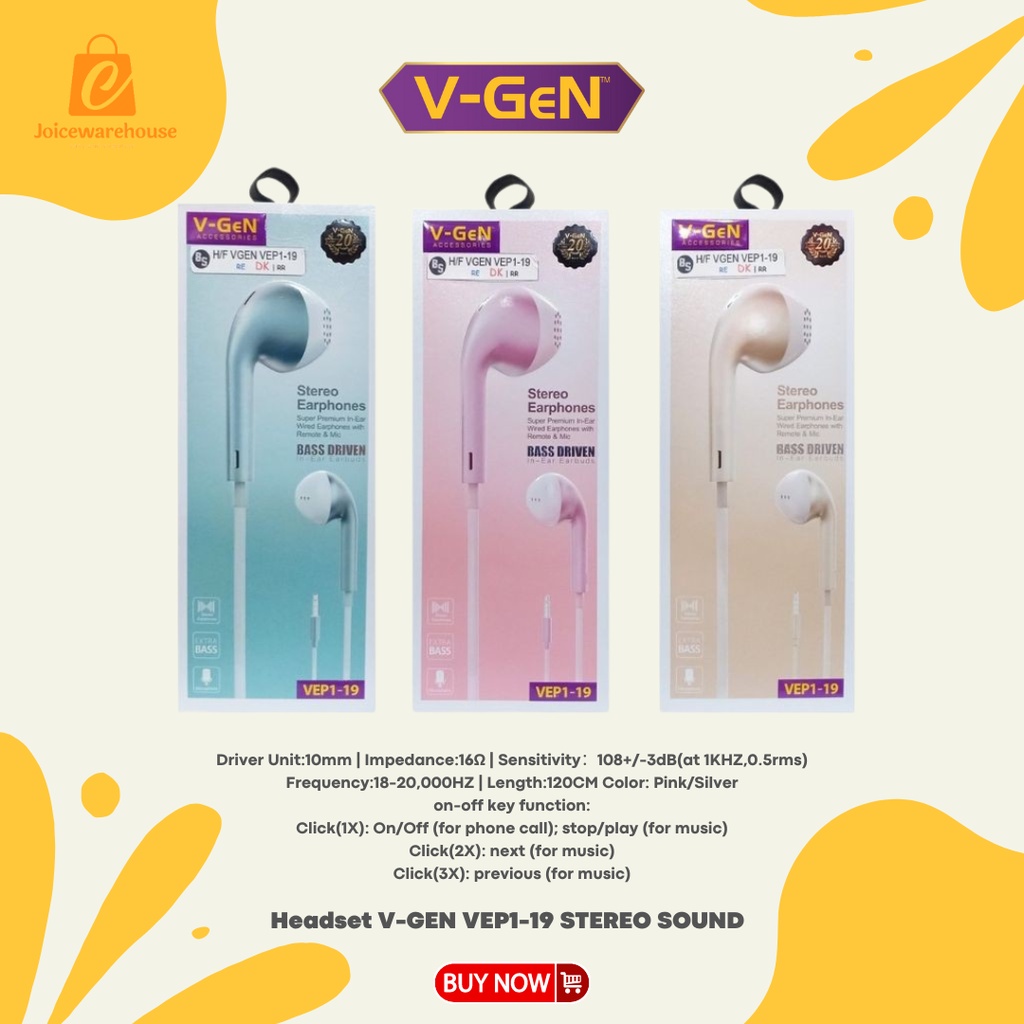 Headset V-GEN VEP1-19 STEREO SOUND Handsfree VGEN MACARON VEP1-19 Earphone V-GEN VEP1-19 STEREO BASS